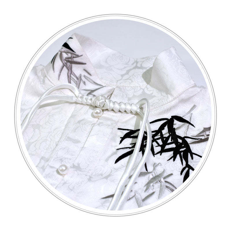 Morden Chinese Embroidered Bamboo Leaf Jacquard Satin Fabric Hanfu Shirt Blouse, paired with Mamianqun Skirt-Lovesyouforever