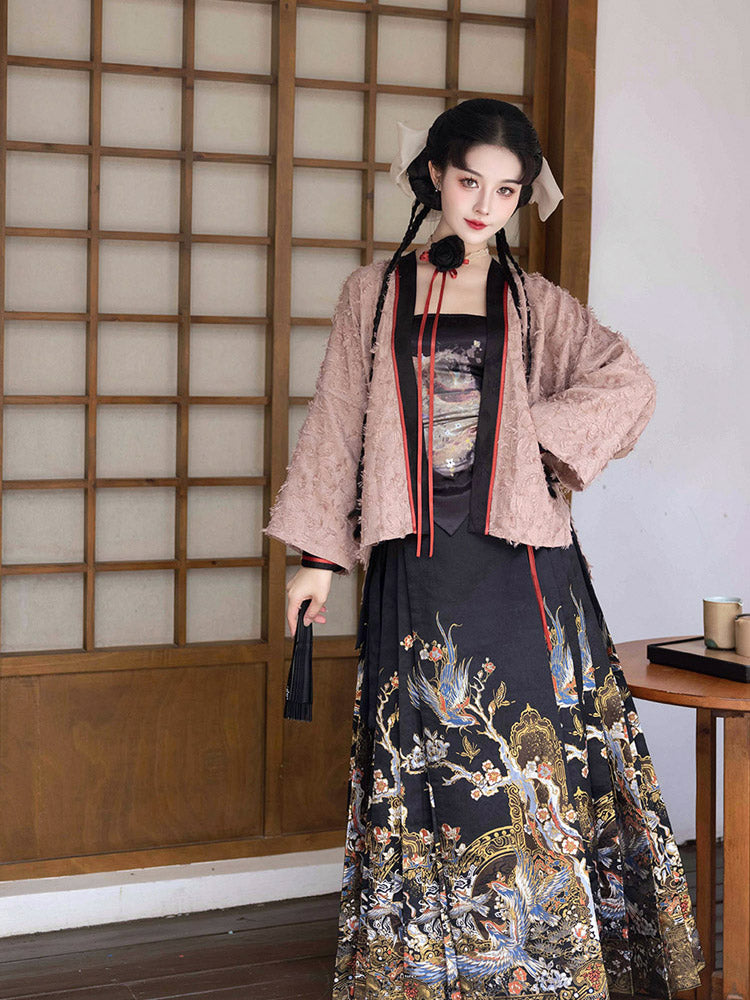 Magpie Herald of Joy – Chinese Magpie and Plum Blossom Brocade Woven Gold Mini Mamianqun Hanfu Skirt-Lovesyouforever