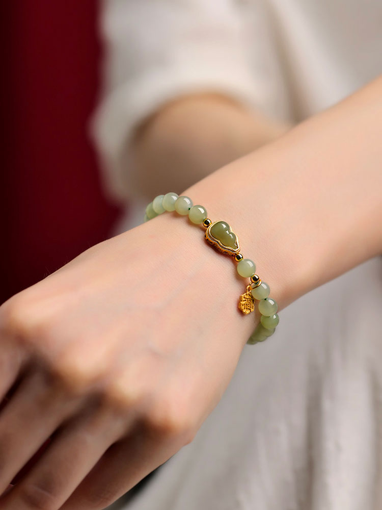 Natural Hetian Qingshui Jade Bracelet Adorned with Jade Gourd and the Chinese Character for '福' (fortune) Charm-Lovesyouforever