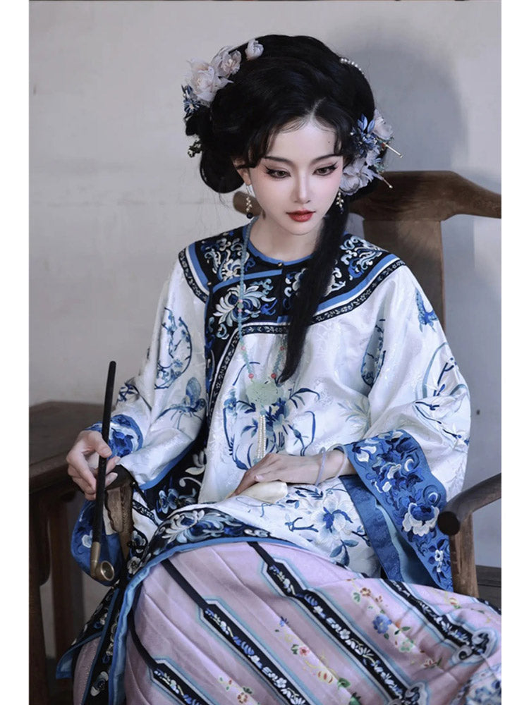 Vintage Han Elements Blue and White Porcelain Printed Jacquard Top for Women-Lovesyouforever