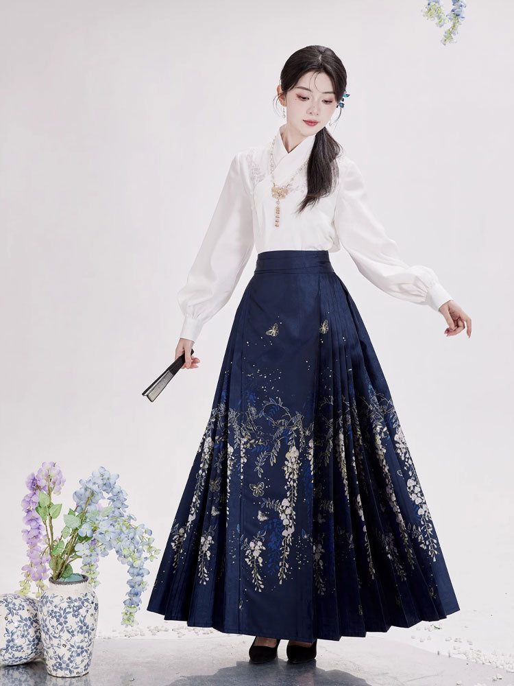 Wisteria Flower Rain Ma Mian Skirt - Modern Style Hanfu Mamianqun Daily Wear for Women-Lovesyouforever
