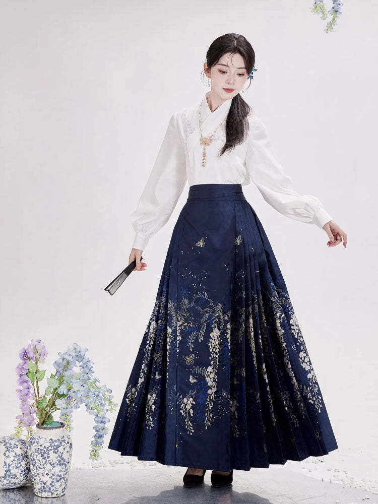 Wisteria Flower Rain Ma Mian Skirt - Modern Style Hanfu Mamianqun Daily Wear for Women-Lovesyouforever