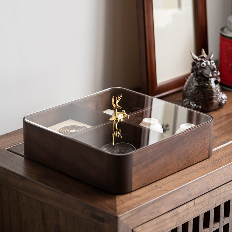 Walnut wood "Yilu" (with you) stackable snack, seed, fruit tray with lid, living room tea set storage box, dry fruit box-Lovesyouforever