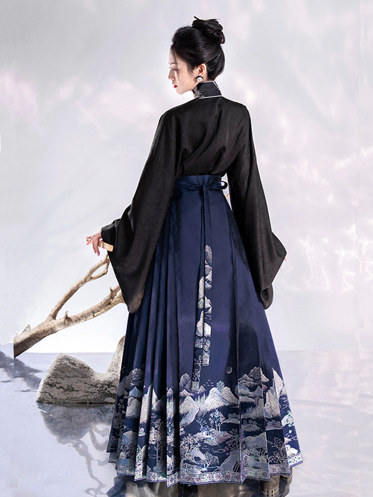 Mountain, Sea, Moon, and Brightness - Mamianqun Skirt with Vertical-collar Double-breasted Shirt Daily Hanfu Set-Lovesyouforever