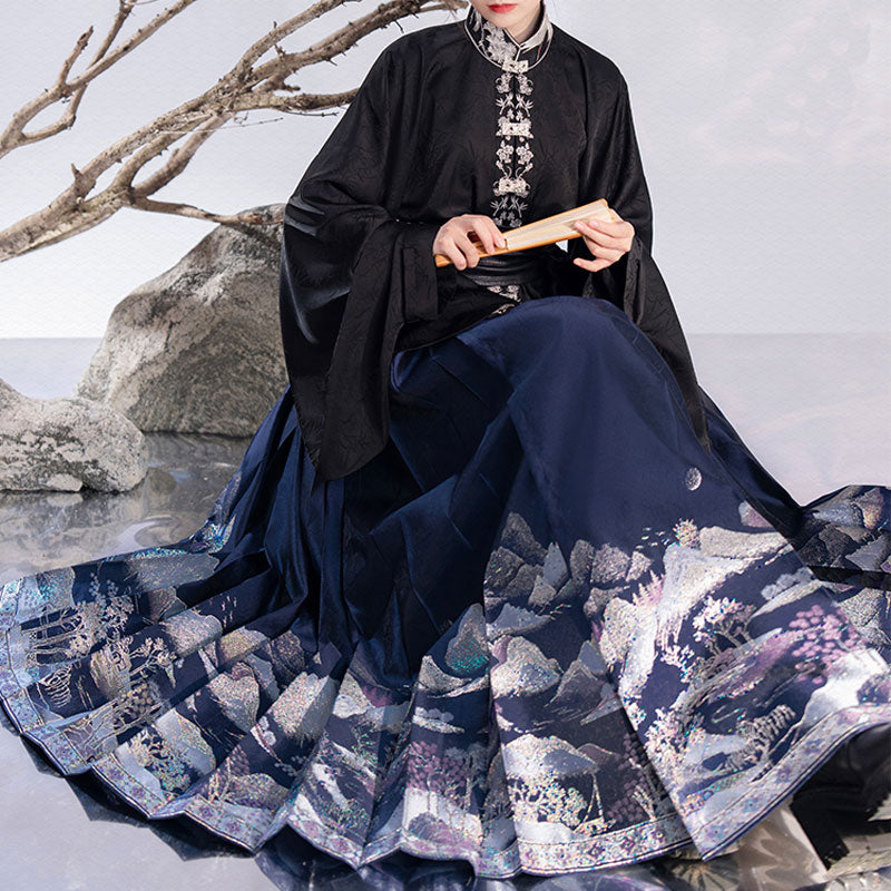 Mountain, Sea, Moon, and Brightness - Mamianqun Skirt with Vertical-collar Double-breasted Shirt Daily Hanfu Set-Lovesyouforever