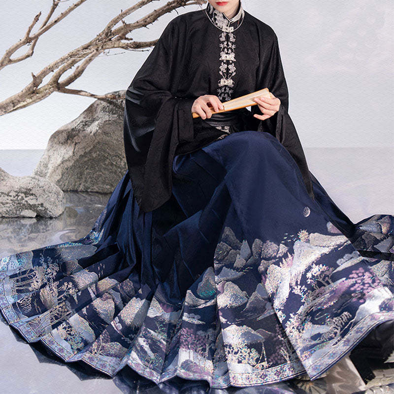 Mountain, Sea, Moon, and Brightness - Mamianqun Skirt with Vertical-collar Double-breasted Shirt Daily Hanfu Set-Lovesyouforever