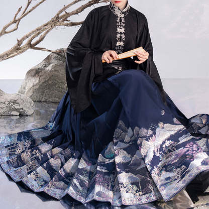 Mountain, Sea, Moon, and Brightness - Mamianqun Skirt with Vertical-collar Double-breasted Shirt Daily Hanfu Set-Lovesyouforever