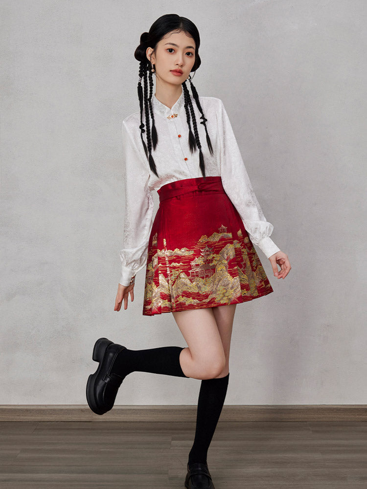 Mountains, Waters, and Pavilions – Woven Gold Short Mamianqun Skirt Neo-Hanfu Mini Skirt-Lovesyouforever