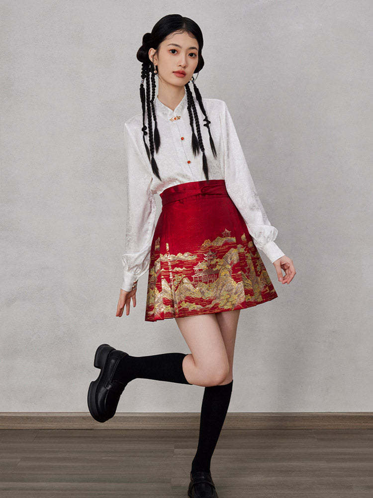 Mountains, Waters, and Pavilions – Woven Gold Short Mamianqun Skirt Neo-Hanfu Mini Skirt-Lovesyouforever