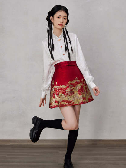 Mountains, Waters, and Pavilions – Woven Gold Short Mamianqun Skirt Neo-Hanfu Mini Skirt-Lovesyouforever