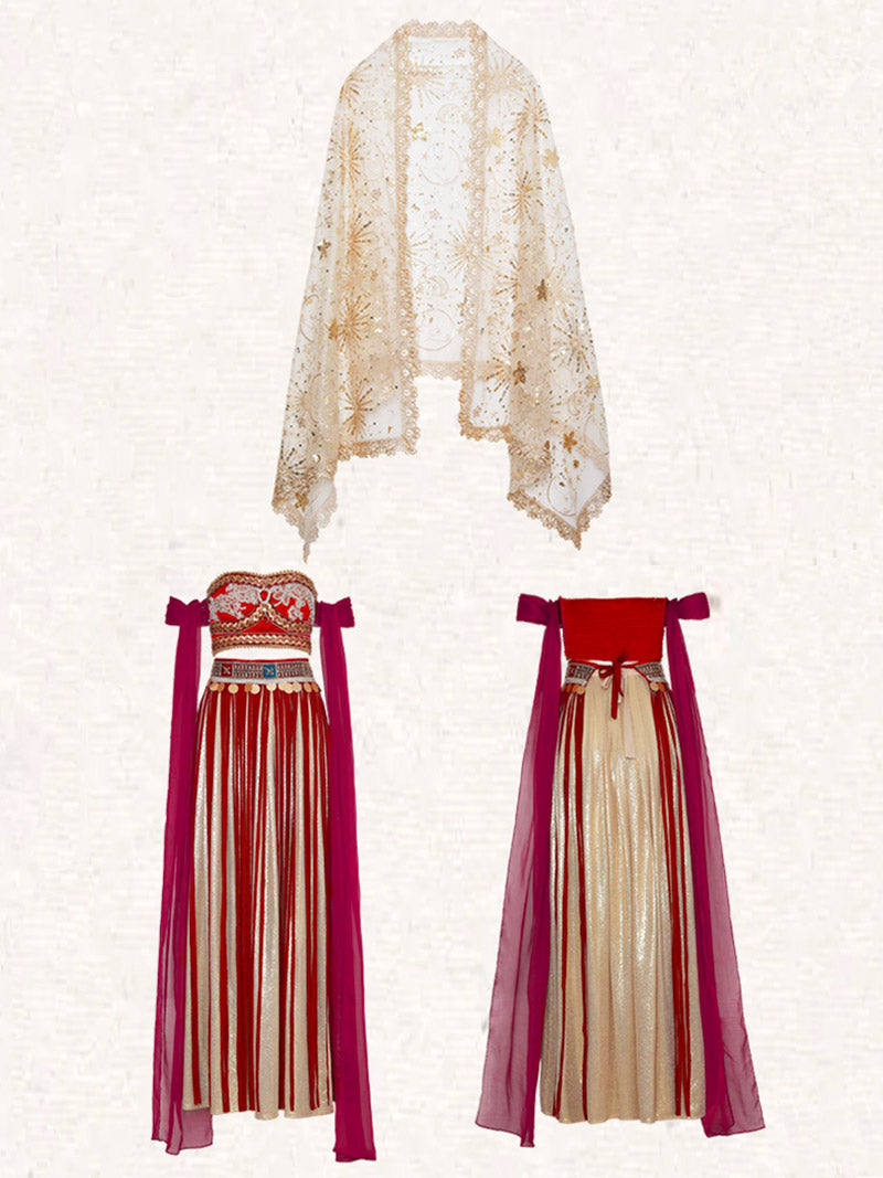 Red Dunhuang Feitian Style Embroidery Hanfu Costume Set-Lovesyouforever