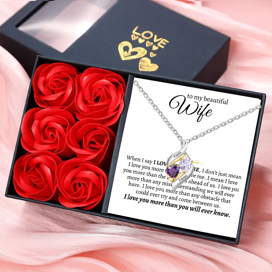Personalized S925 Necklace With 2 Heart Birthstones Engraved Names Gift For Her-Lovesyouforever