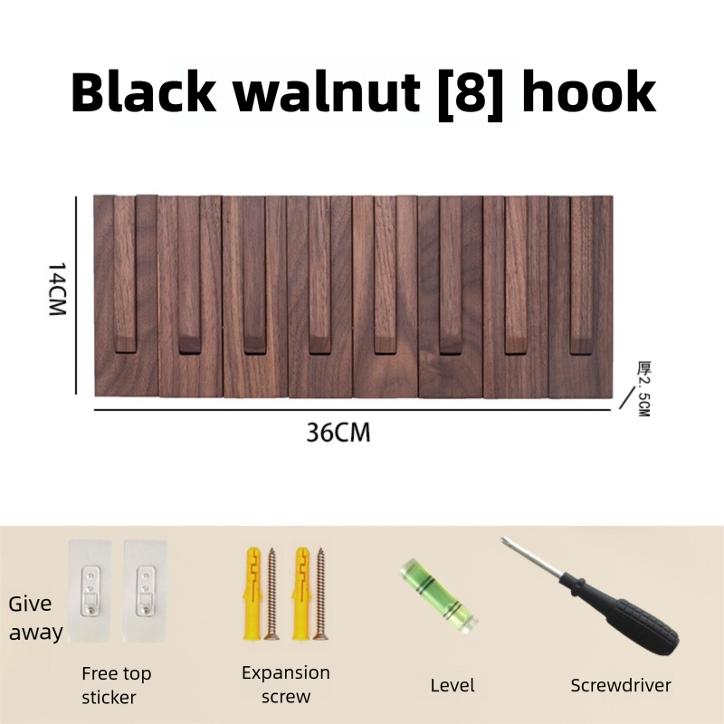 Piano key-style coat rack, key-shaped wall hook for entryway and bedroom, no-drill wall-mounted coat and hat hook, walnut and beech wood-Lovesyouforever