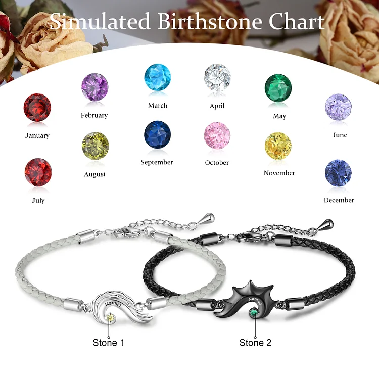 2 Names-Personalized Two Souls, One Heart Bracelet Set - Custom 2 Names & Birthstones with Gift Box - Couple Magnetic Bracelets | Jessemade-Lovesyouforever