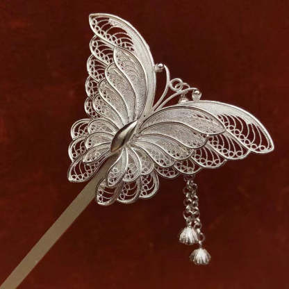 Handcrafted Vintage Chinese Style 999 Sterling Silver Filigree Butterfly Hairpin-Lovesyouforever