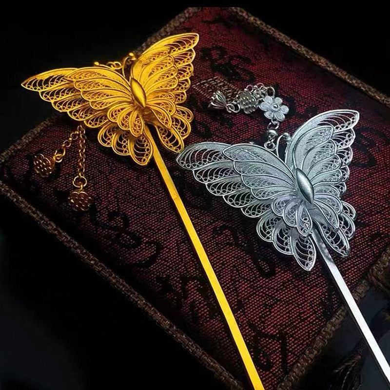 Handcrafted Vintage Chinese Style 999 Sterling Silver Filigree Butterfly Hairpin-Lovesyouforever