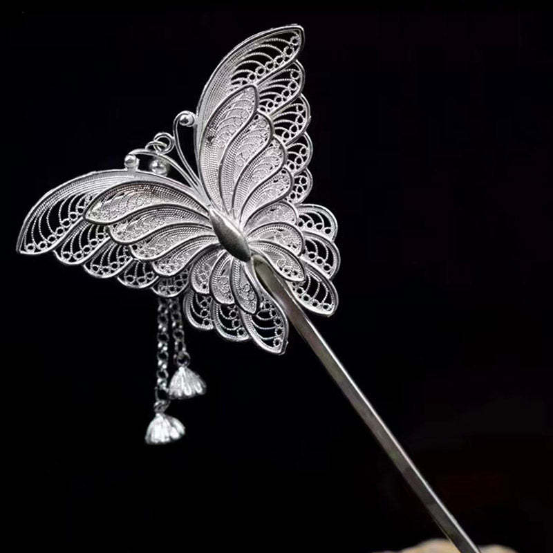 Handcrafted Vintage Chinese Style 999 Sterling Silver Filigree Butterfly Hairpin-Lovesyouforever