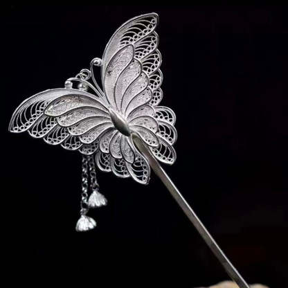 Handcrafted Vintage Chinese Style 999 Sterling Silver Filigree Butterfly Hairpin-Lovesyouforever