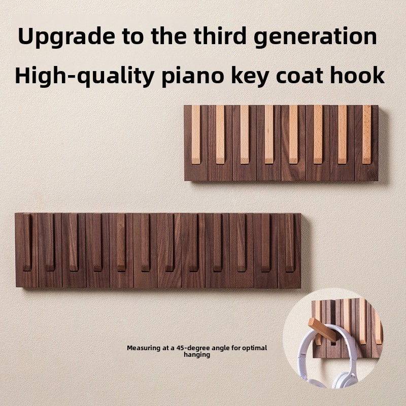 Piano key-style coat rack, key-shaped wall hook for entryway and bedroom, no-drill wall-mounted coat and hat hook, walnut and beech wood-Lovesyouforever