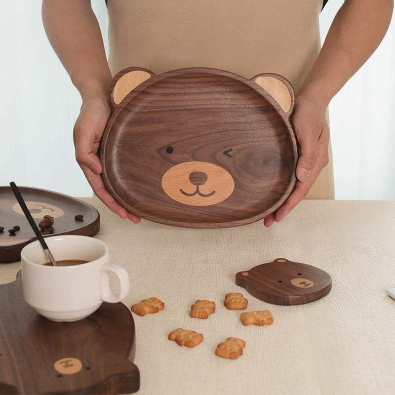 Solid North American black walnut wood cartoon bear tray cutting board Japanese cute snack plate home children's coaster-Lovesyouforever
