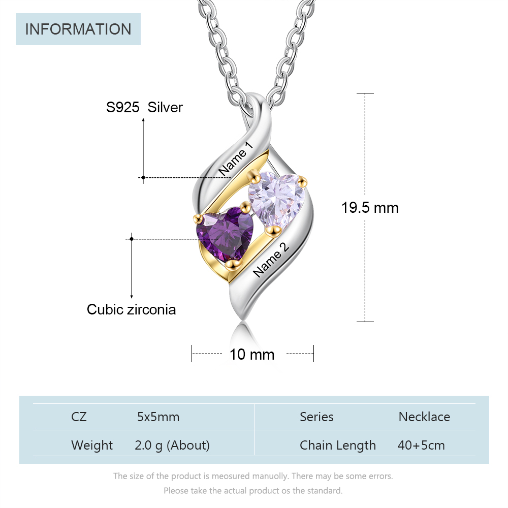 Personalized S925 Necklace With 2 Heart Birthstones Engraved Names Gift For Her-Lovesyouforever