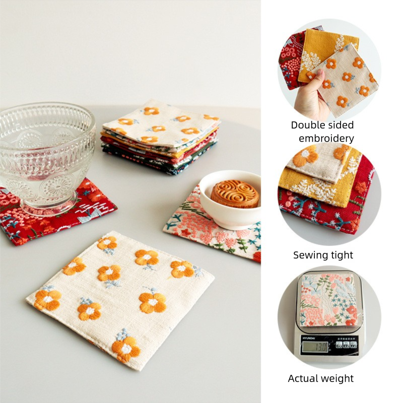 Ins-style embroidered cotton-linen coasters, embroidered fabric coasters, thickened heat-insulating mats, embroidered coffee coasters, tea coasters-Lovesyouforever