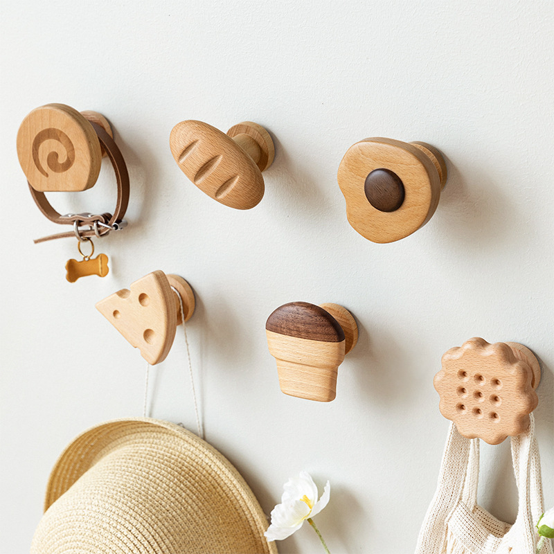 Cute solid wood hooks for hanging clothes, coat hooks for entryway, wall-mounted wooden hangers, creative adhesive hooks-Lovesyouforever