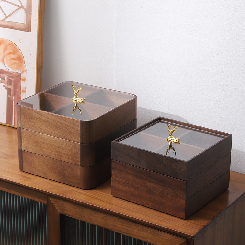 Walnut wood "Yilu" (with you) stackable snack, seed, fruit tray with lid, living room tea set storage box, dry fruit box-Lovesyouforever