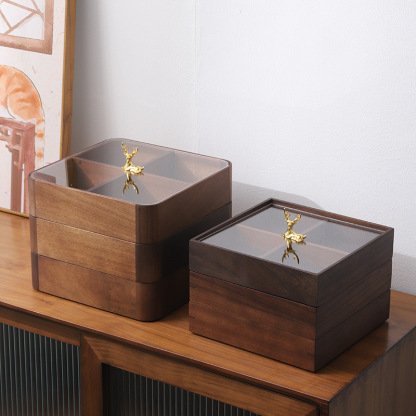Walnut wood "Yilu" (with you) stackable snack, seed, fruit tray with lid, living room tea set storage box, dry fruit box-Lovesyouforever