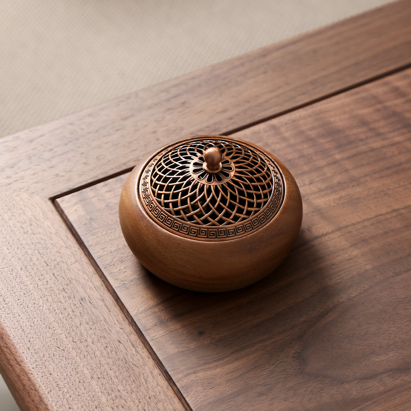 South American walnut wood Chinese-style incense burner for home use in living room and bedroom, solid wood aromatherapy burner, round hollow incense box, incense holder, decorative piece-Lovesyouforever