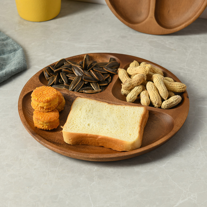 Japanese-style walnut wood round serving plate, acacia wood children's snack plate, solid wood plate, sushi plate, tea fruit plate, snack dish-Lovesyouforever