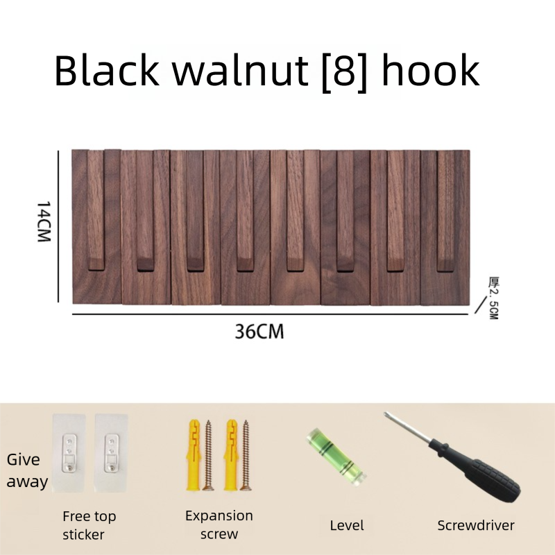North American black walnut wood coat rack with piano key-style hooks for entryway, bedroom, wall-mounted, no-drill required coat and hat hook-Lovesyouforever