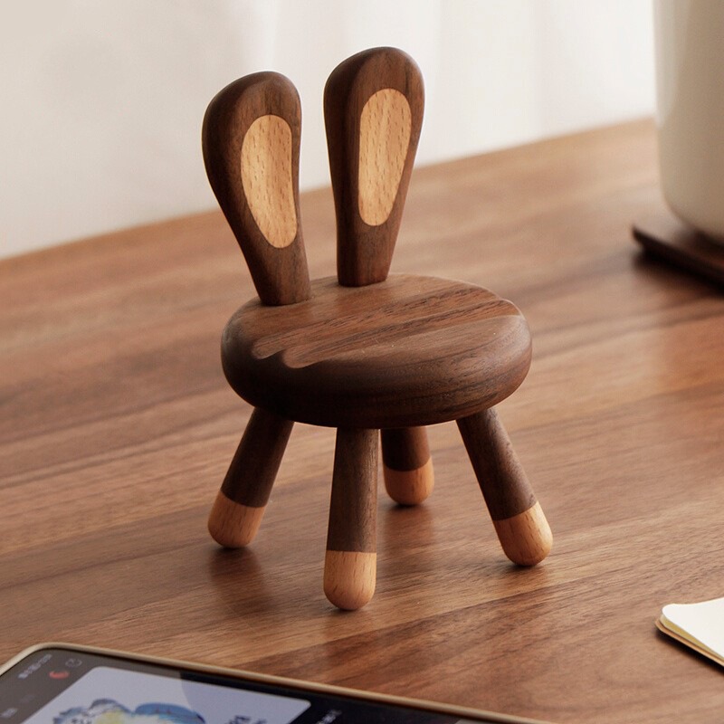 Black walnut wood chair phone stand, creative cute rabbit stool, cartoon live streaming desktop solid wood ornament stand-Lovesyouforever