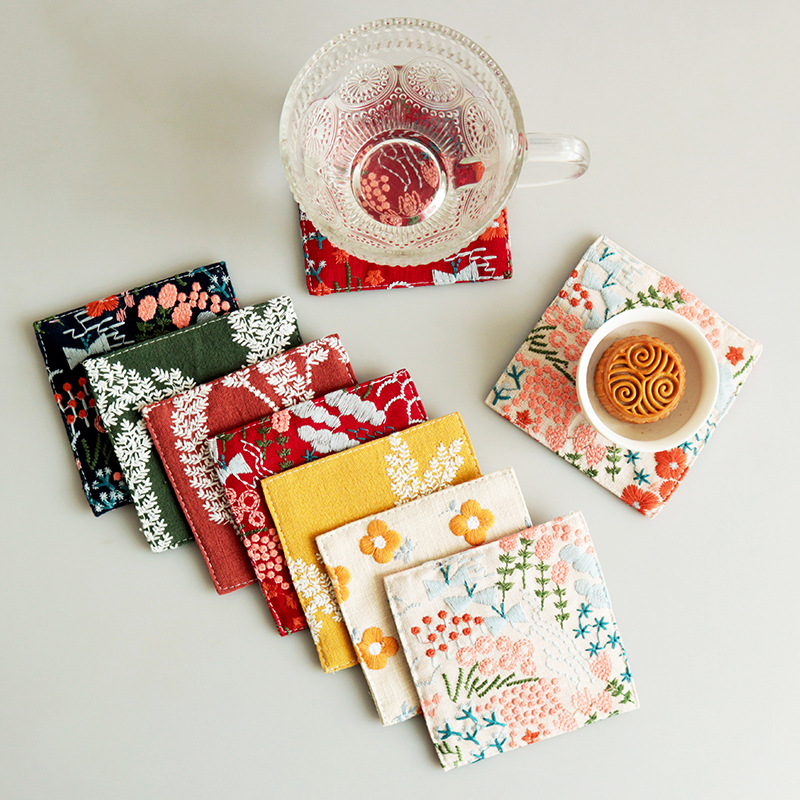 Ins-style embroidered cotton-linen coasters, embroidered fabric coasters, thickened heat-insulating mats, embroidered coffee coasters, tea coasters-Lovesyouforever