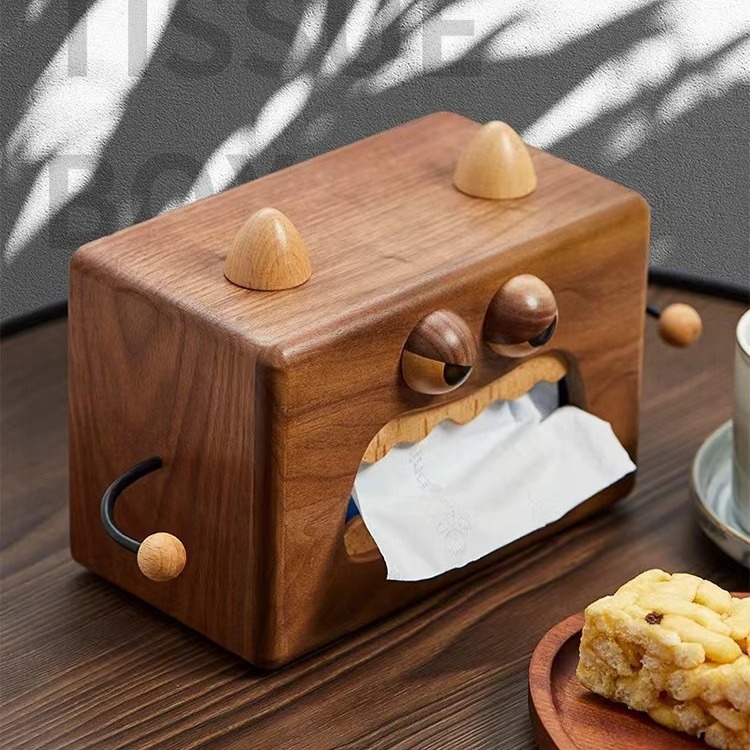 Little monster tissue box in black walnut wood, ins-style creative desktop vintage wooden napkin storage box for the living room-Lovesyouforever