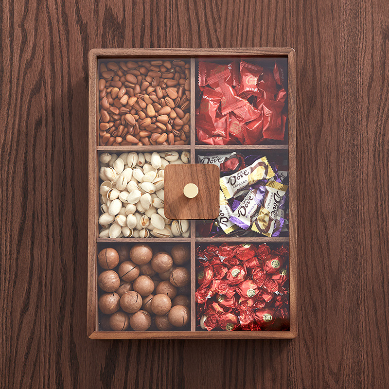 Black walnut wood six-compartment dry fruit tray, new Chinese-style candy box, light luxury high-end home living room coffee table fruit and dry fruit box-Lovesyouforever
