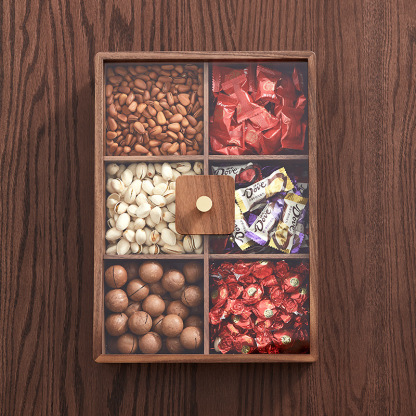 Black walnut wood six-compartment dry fruit tray, new Chinese-style candy box, light luxury high-end home living room coffee table fruit and dry fruit box-Lovesyouforever