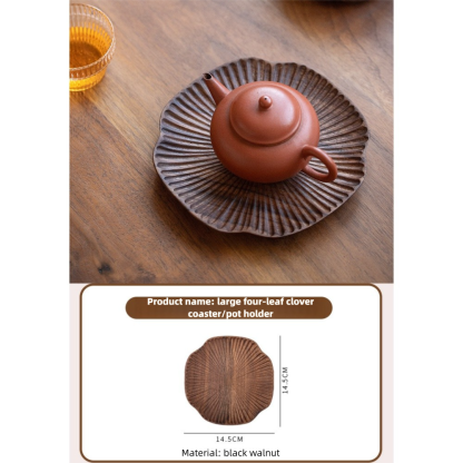 Walnut wood four-leaf clover tea pot holder, creative handmade solid wood vintage kung fu tea set, tea ceremony non-slip coaster and cup holder-Lovesyouforever