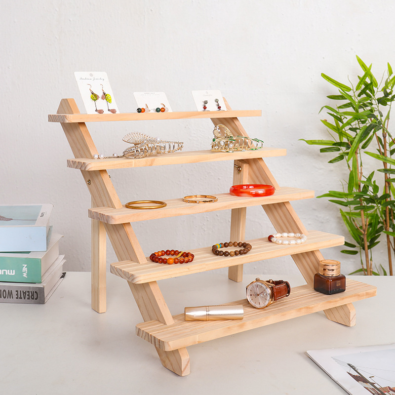 Walnut-colored ladder display stand for card storage, jewelry, office desk display, and floor-standing solid wood shelf-Lovesyouforever