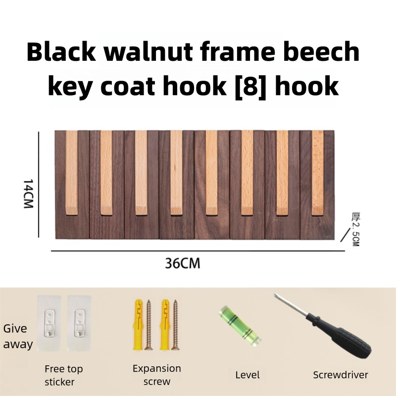 Piano key-style coat rack, key-shaped wall hook for entryway and bedroom, no-drill wall-mounted coat and hat hook, walnut and beech wood-Lovesyouforever