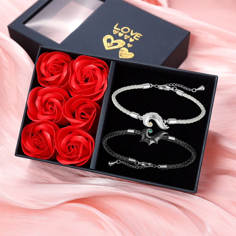 2 Names-Personalized Two Souls, One Heart Bracelet Set - Custom 2 Names & Birthstones with Gift Box - Couple Magnetic Bracelets | Jessemade-Lovesyouforever