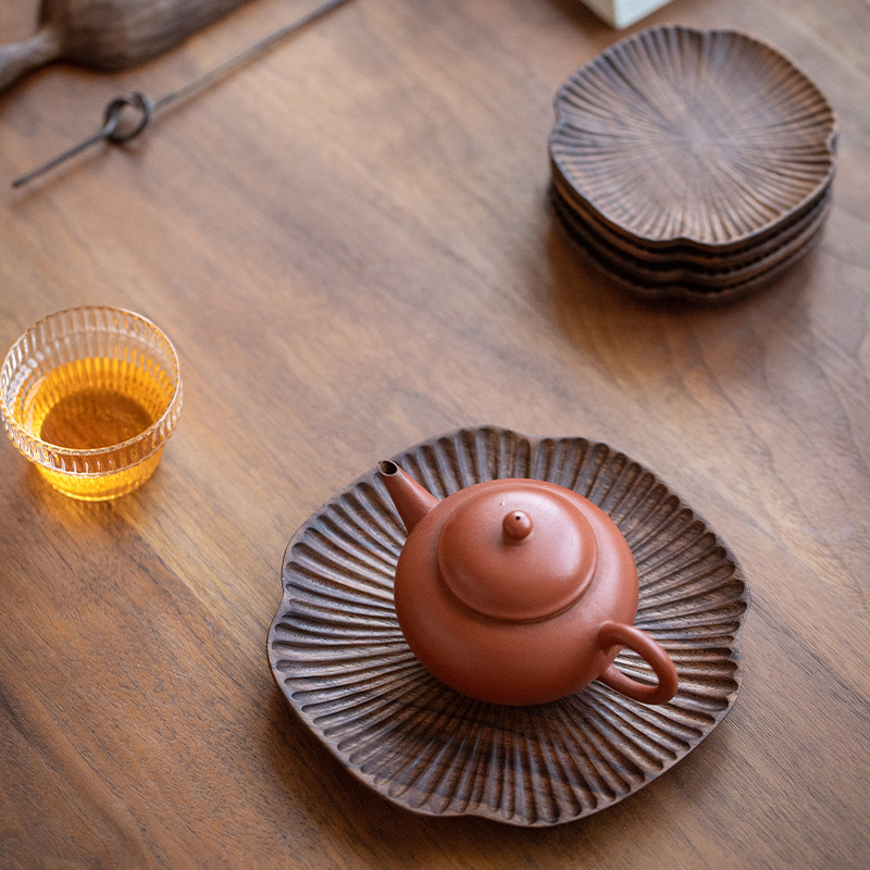 Walnut wood four-leaf clover tea pot holder, creative handmade solid wood vintage kung fu tea set, tea ceremony non-slip coaster and cup holder-Lovesyouforever