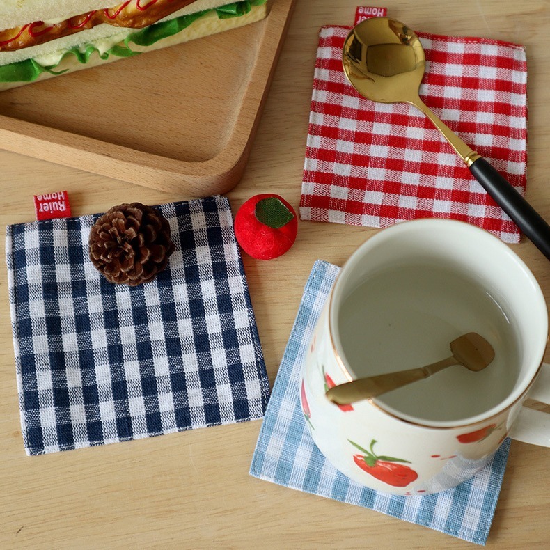 Fabric coasters, double-layer plaid heat-insulating coasters, square mug coasters-Lovesyouforever
