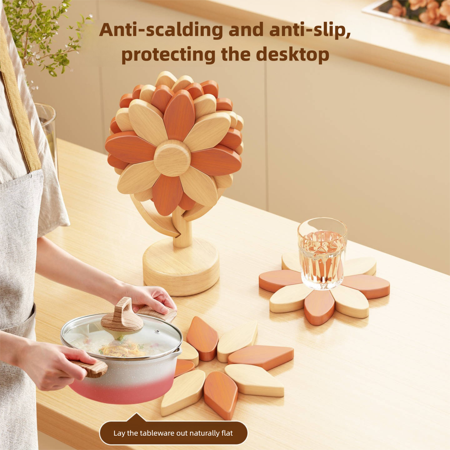 Sunflower placemat, solid wood heat-insulating mat, anti-scalding and high-temperature resistant, for kitchen and home use, table mat for bowls, plates, and cups, heat-resistant mat-Lovesyouforever