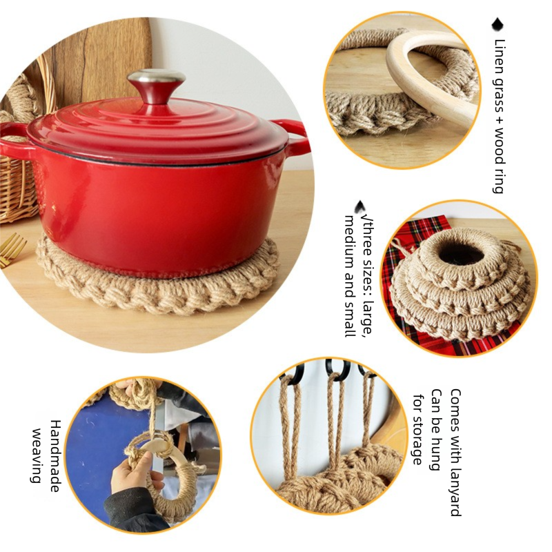Hand-woven jute rope insulation mat, Japanese-style home decor, jute and solid wood round pot mat, available for wholesale from various factories.-Lovesyouforever