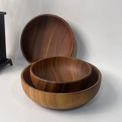 Solid walnut wood salad bowl, solid wood flat-bottomed large soup bowl, home use acacia wood exquisite bowl, noodle soup bowl, wooden basin-Lovesyouforever