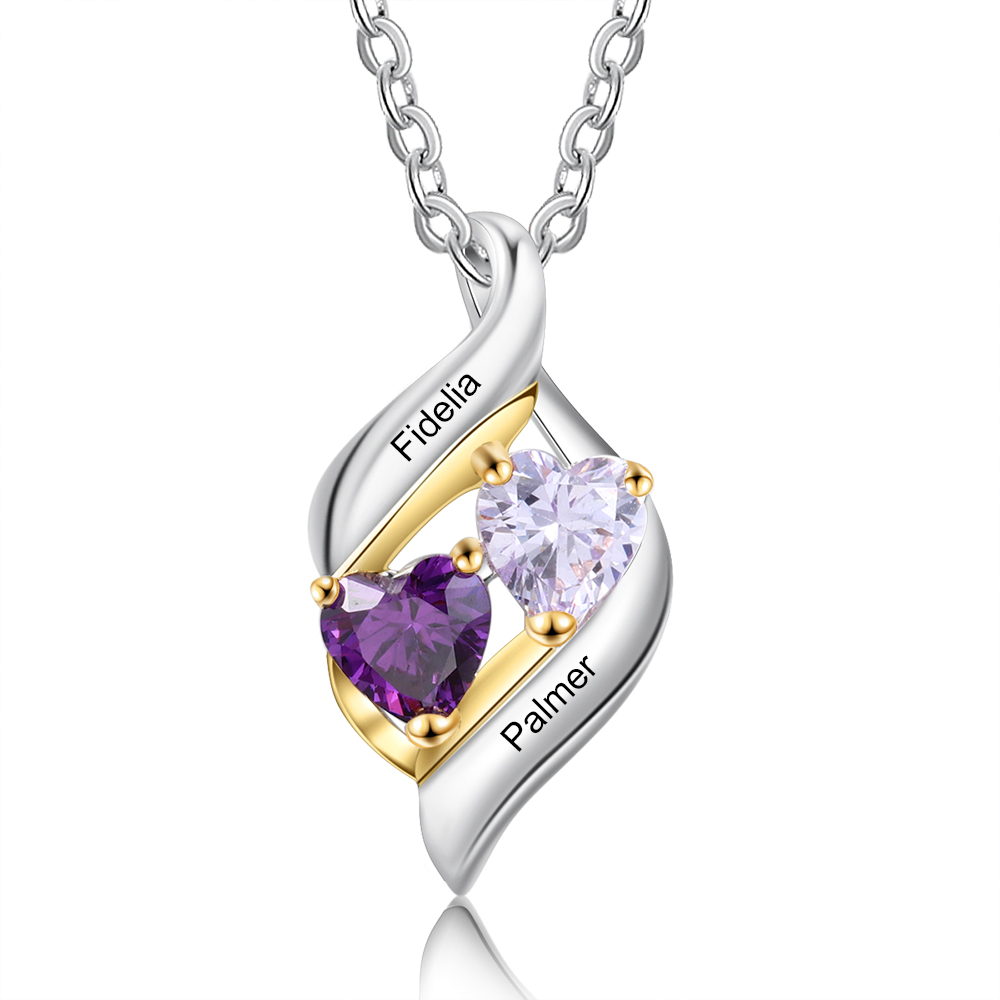 Personalized S925 Necklace With 2 Heart Birthstones Engraved Names Gift For Her-Lovesyouforever