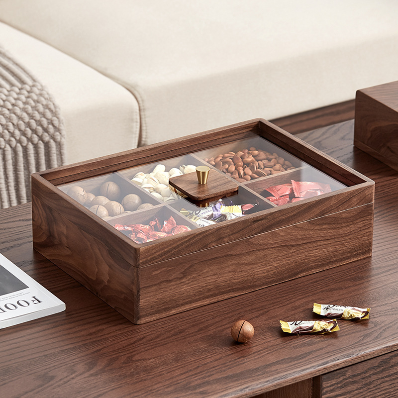 Black walnut wood six-compartment dry fruit tray, new Chinese-style candy box, light luxury high-end home living room coffee table fruit and dry fruit box-Lovesyouforever