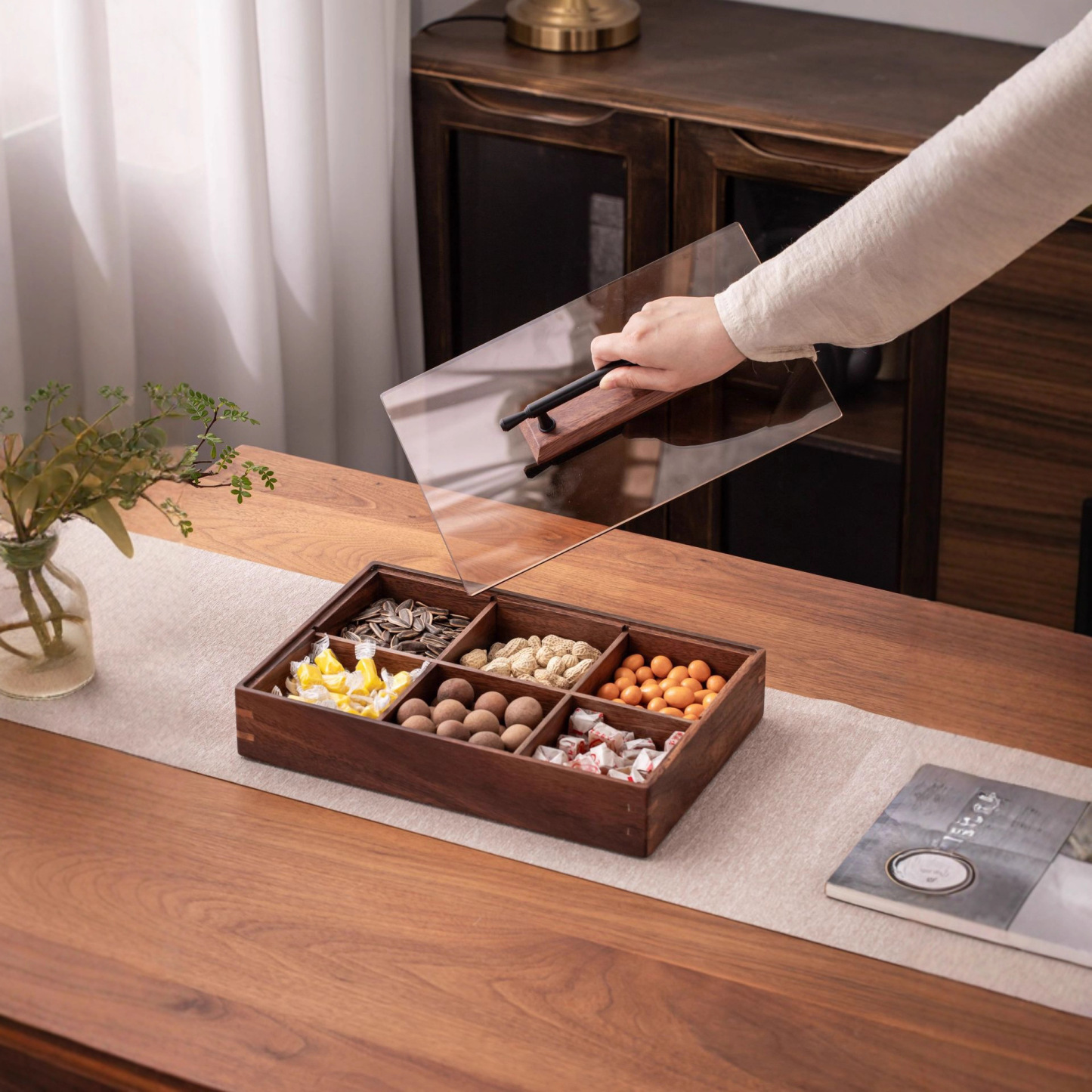 Walnut wood double-layer snack box for home use, living room coffee table, wooden dry fruit box, candy box, snack tray, six-compartment stackable-Lovesyouforever