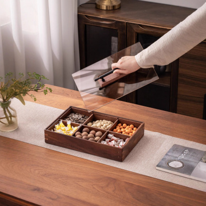 Walnut wood double-layer snack box for home use, living room coffee table, wooden dry fruit box, candy box, snack tray, six-compartment stackable-Lovesyouforever